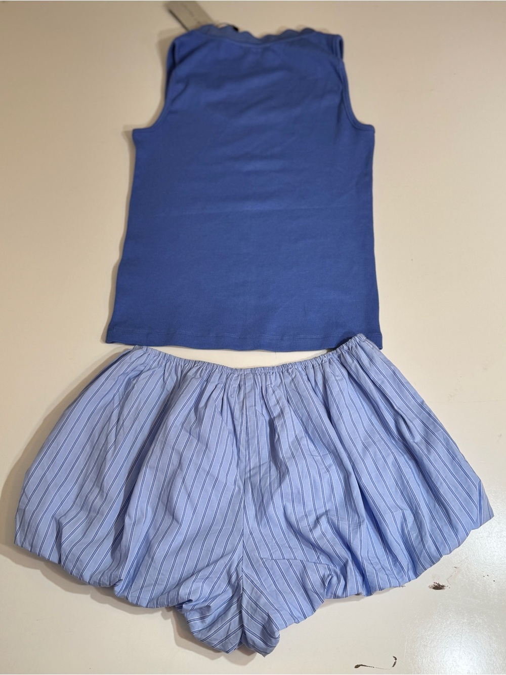 Royal Blue Sleeveless Ruffle Top with  Blue Striped Bubble Shorts - Picture 2 of 4